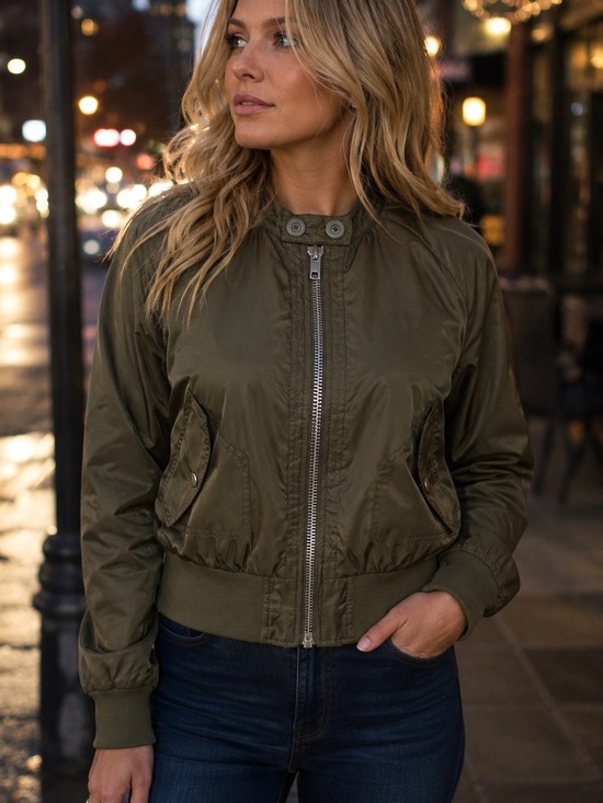Free People Jackets & Blazers - Free People Women’s Medium Midnight Retro Army Green Satin Bomber Jacket